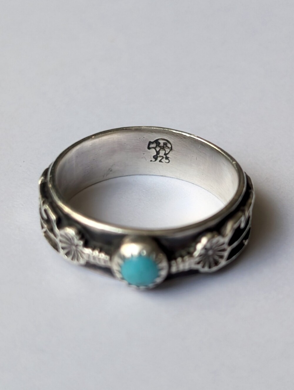 Running Bear Native American sterling silver turquoise ring feather flower band - Picture 5 of 6